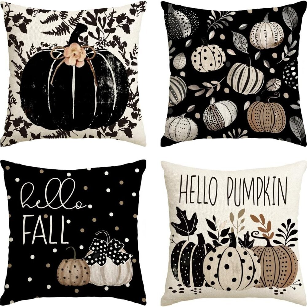 Fall Hello Pumpkin Leaves Throw Pillow Covers, 18 x 18 Inch Autumn Thanksgiving